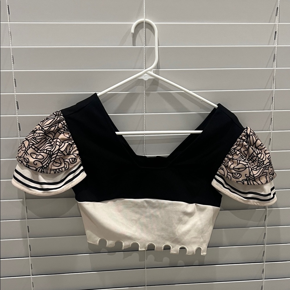 SHEIN Black and Cream Crop Top with Patterned Sleeves